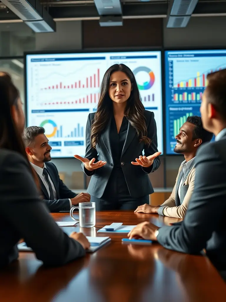 A financial consultant presenting growth strategies to a business team.