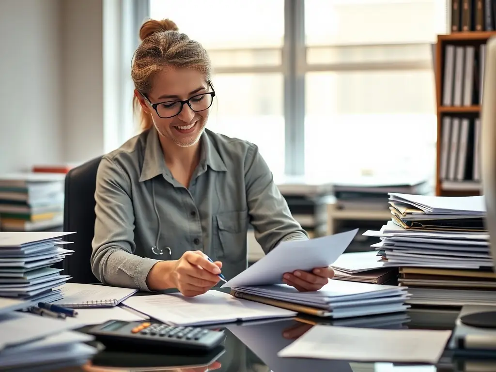 A bookkeeper organizing financial records and ledgers at a desk.