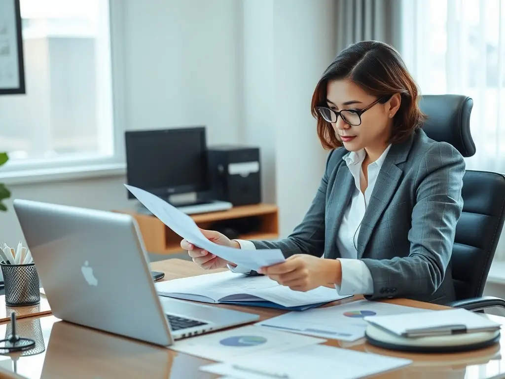 Accountant reviewing financial documents and tax forms in a modern office.