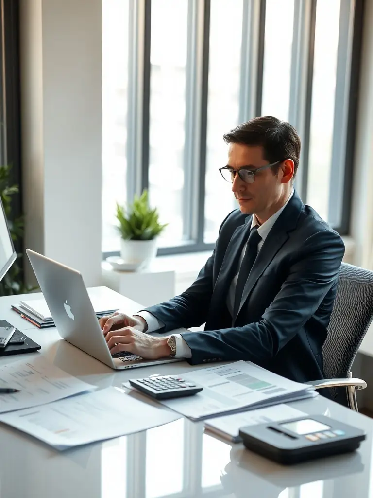 Accountant reviewing financial documents with a calculator and laptop.